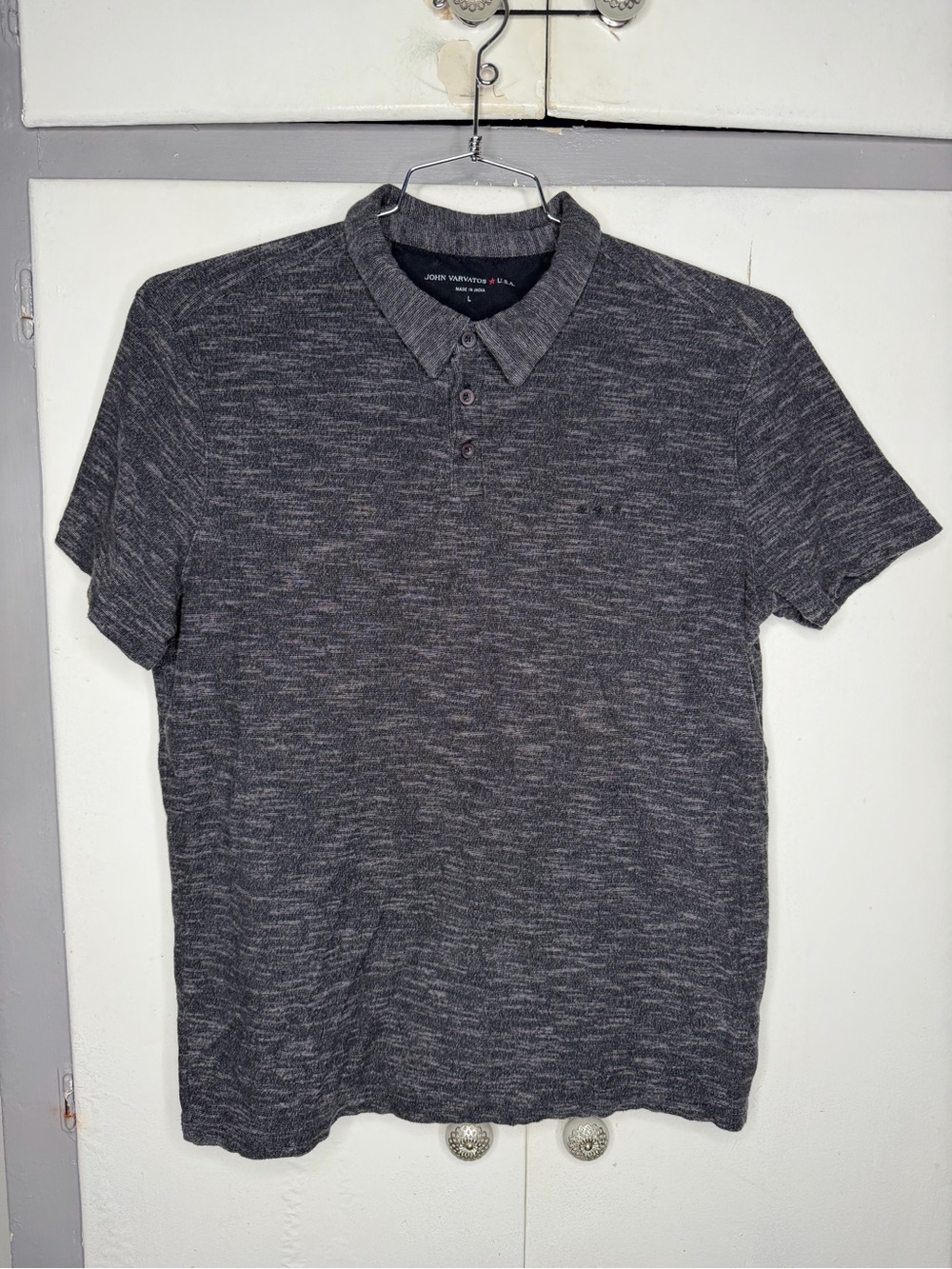 John Varvatos Men Heathered Charcoal Gray Black S/S Polo Size Large Stars